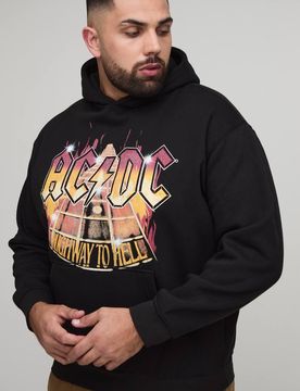 Herren Plus Oversized ACDC Highway To Hell Print Lizenz Hoodie Sweatshirt Black Größe 4XL