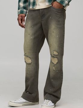 Herren Slim Flared Knee Rip and Repair Farbspritzer-Jeans Hosen Green Größe 30R
