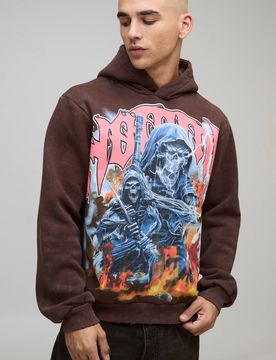 Herren Kastenförmiger Gewaschener Herren Gothic Grafik Distressed Hoodie Sweatshirt Brown Größe Medium