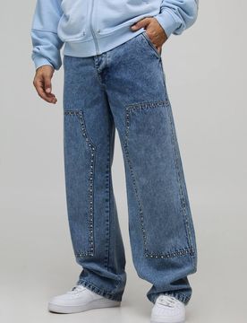 Herren Relaxed Fit Carpenter Jeans Hosen mit Nieten Light Blue Größe 36R