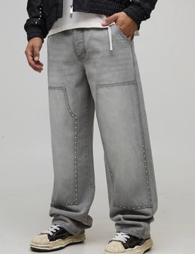 Herren Relaxed Fit Carpenter Jeans Hosen mit Nieten Light Grey Größe 28R