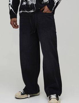Herren Kordelzug Stonewash Baggy Fit Jeans Hosen Washed Black Größe 32R