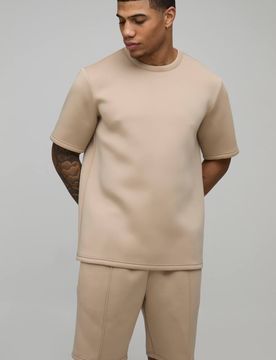 Herren Normal Geschnittenes Verklebtes Scuba-Oberteil & Schmal Geschnittene Biesen-Shorts Set Taupe Größe Large