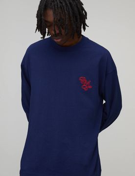 Herren Oversized Heavyweight BM Besticktes Langarm-T-Shirt mit Flügelärmeln Navy Größe Large