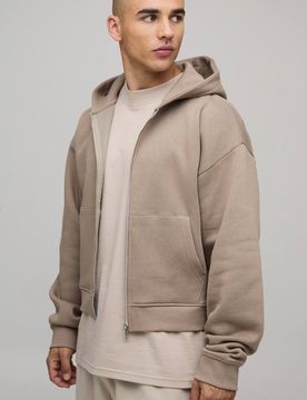 Herren Basic Verkürzter Kastenförmiger Durchgehend Reißverschluss Hoodie Sweatshirt Taupe Größe Medium