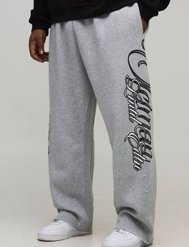Herren Plus Baggy Fit Gothic Varsity Jogger Hose Mit Rohen Nähten Und Print Grey Marl Größe 5XL
