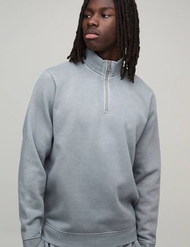Herren Essentielles Gewaschenes Regular-Fit Viertelreißverschluss Stehkragen Sweatshirt Washed Grey Größe XS