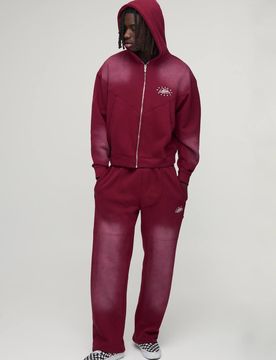Herren Oversized Boxy Western Washed Applique Nieten-Detail Kapuzen-Trainingsanzug Burgundy Größe Small