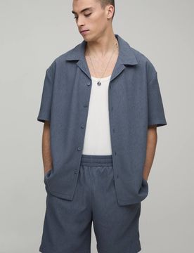 Herren Übergroßes Hemd Und Entspannte Mittelllange Plissierte Shorts Set Slate Größe Medium