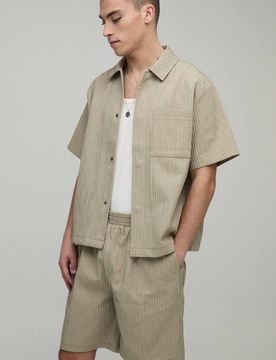 Herren Übergroßes Kastenförmiges Strukturiertes Hemd & Entspanntes Shorts-Set Stone Größe Large