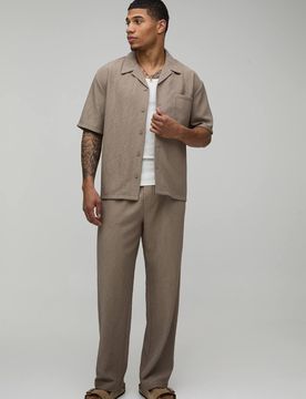 Herren Übergroßes Strukturiertes Plissiertes Hemd & Entspannte Hose Set Stone Größe Small
