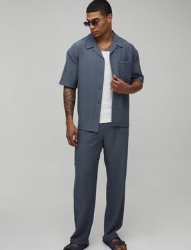 Herren Übergroßes Strukturiertes Plissiertes Hemd & Entspannte Hose Set Slate Größe Medium