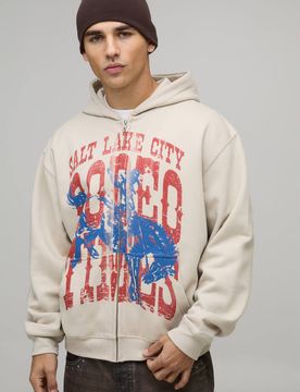 Herren Stone Oversized Boxy Rodeo Bedruckter Durchgehend Reißverschluss Hoodie Sweatshirt Größe Medium