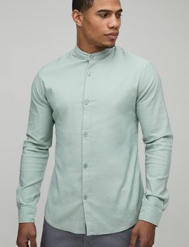 Herren Slim Fit Grandad-Kragen Baumwollhemd Seaspray Größe Large