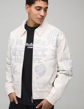 Herren Kastige PU-Collegejacke Mit Grafik-Print Ecru Größe XL