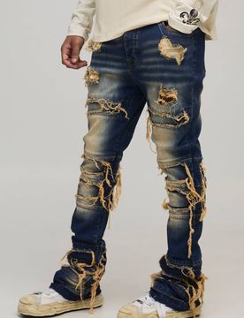 Herren Gestapelte Skinny Bootcut Bleach-Waschung Distressed Jeans Hosen Mid Wash Größe 34