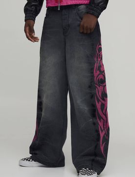 Herren Batik-Waschung Tribal-Print Baggy-Fit Jeans Hosen Washed Black Größe 34