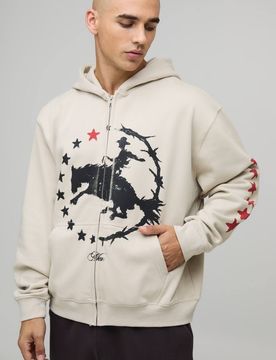 Herren Stone Oversized Boxy Western-Print Durchgehend Reißverschluss Hoodie Sweatshirt Größe Small