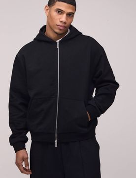 Herren 500gsm Schwerer Übergroßer Kastenförmiger Kapuzenpullover Mit Durchgehendem Reißverschluss Black Größe Small