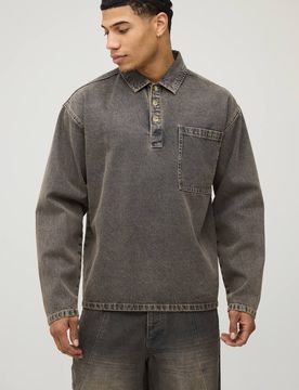 Herren Gewaschenes Denim-Rugby-Shirt Stone Größe XS