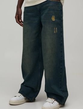 Herren Grün Getönte Weite Used-Jeans Hosen Green Größe 46