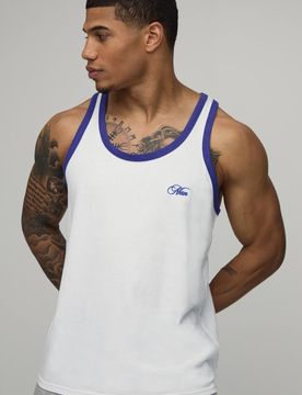 Herren Regular Geschnittenes Besticktes Ringer-Rückenfreies Unterhemd White Größe XS