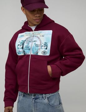 Herren Shrunken Fit Gewaschener Lizenz-Grafik Durchgehend Reißverschluss Hoodie Sweatshirt Burgundy Größe Medium