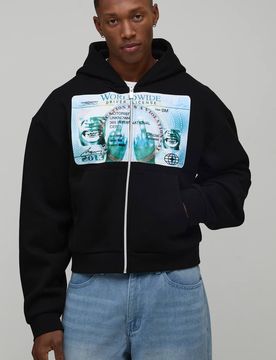 Herren Shrunken Fit Gewaschener Lizenz-Grafik Durchgehend Reißverschluss Hoodie Sweatshirt Black Größe XS