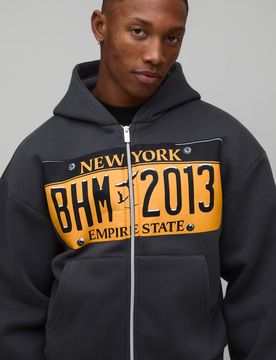 Herren Oversized Verkürzter Gewaschener Nummernschild-Grafik Durchgehend Reißverschluss Hoodie Sweatshirt Charcoal Größe Large