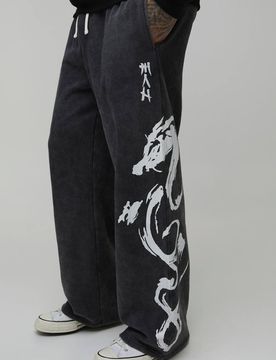 Herren Lange Weite Grafik-Washed Jogginghosen Charcoal Größe 2XL