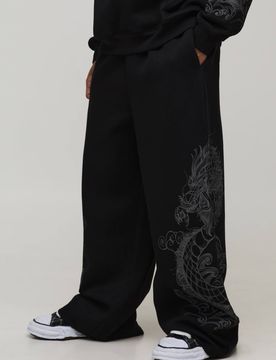 Herren Extreme Wide Leg Jogginghose mit Drachen-Grafik Black Größe Large