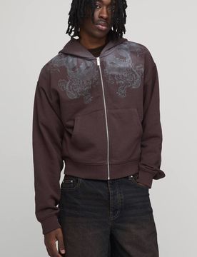 Herren Verkürzter Drachen-Grafik Washed Zip-Hoodie Sweatshirt Chocolate Größe Large