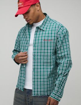 Herren Übergroßes Kastenförmiges Karohemd Mit Rohem Saum Green Größe XL