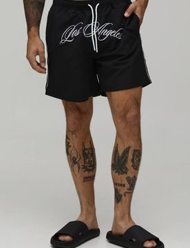 Herren Bestickte Badeshorts Mittlerer Länge Mit Schritt-Detail Black Größe 2XL