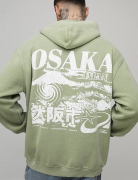 Herren Großer Oversized Osaka Washed Bedruckter Hoodie Sweatshirt Green Größe Large
