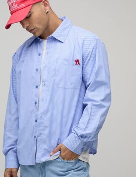 Herren Übergroßes Hemd Mit Abgerundetem Saum, B-Stickerei Und Streifenmuster Blue Größe Large