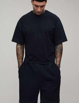 Herren Großes Übergroßes Geschrumpftes Spray-Naht-Waschung Oberteil & Shorts Set Black Größe 2XL