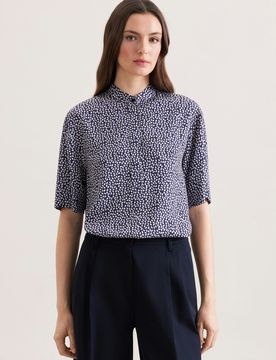 Gemusterte Stehkragenbluse in A- Linie aus Viskosetwill Blau 36