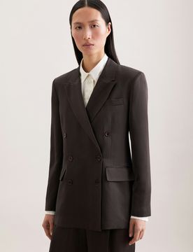 Satinierter zweireihiger Blazer mit Pattentaschen aus Leinen Mix Braun 44