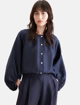 Tunikabluse mit Volumenärmel aus Leinen Mix Blau 34