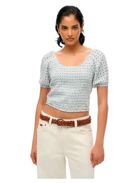 Blouse à Manches Courtes Smocked Diamond Tile Blue M