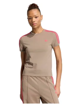 T-shirt à Manches Courtes 3 Stripes Slim Khaki Six / Power Pink XS