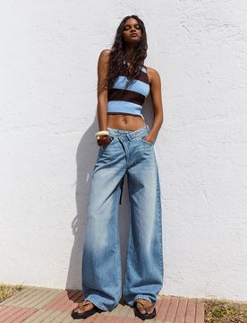 Jean Wide Taille Croisée 34 Bleu Lavé