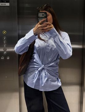 Camisa Popelín Oversize Lazada Mujer Xs Azul