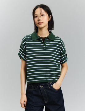 Pull Col Polo Rayé S Vert