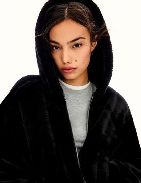 Cazadora Con Capucha Efecto Pelo Mujer Xs Negro
