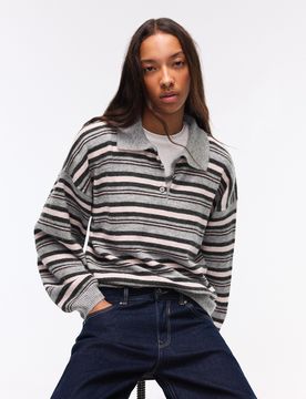 Pull Col Polo Rayé S Gris