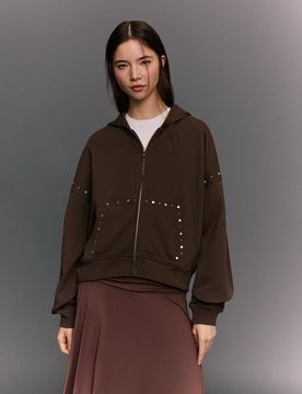 Sweat Zippé À Capuche Et Clous S Marron