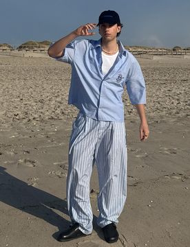 Chemise Manches Courtes Oversize Brodée L Bleu Clair