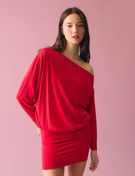 Robe Courte Col Bateau Jupe Ajustée M Rouge